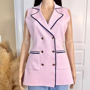 LIGHT PINK BLAZER VEST WITH NAVY BLUE TRIMMING AND POCKETS